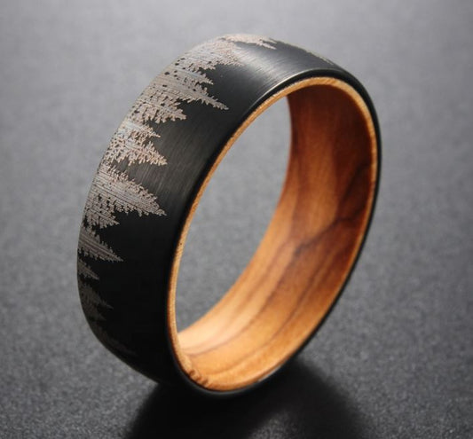 Black Etched Tree Line Wood and Tungsten Ring